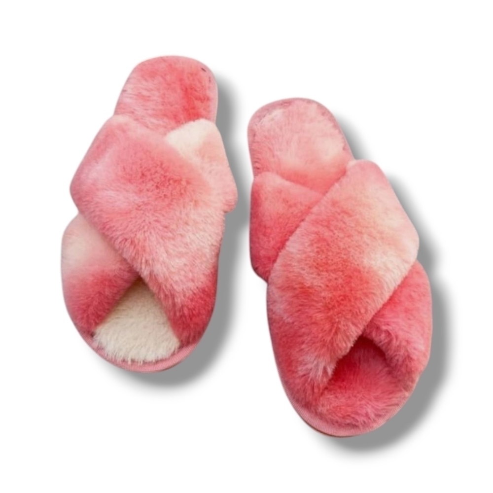 NWT Pink Sherbert Fuzzy Slippers 8 8.5 - Picture 2 of 6